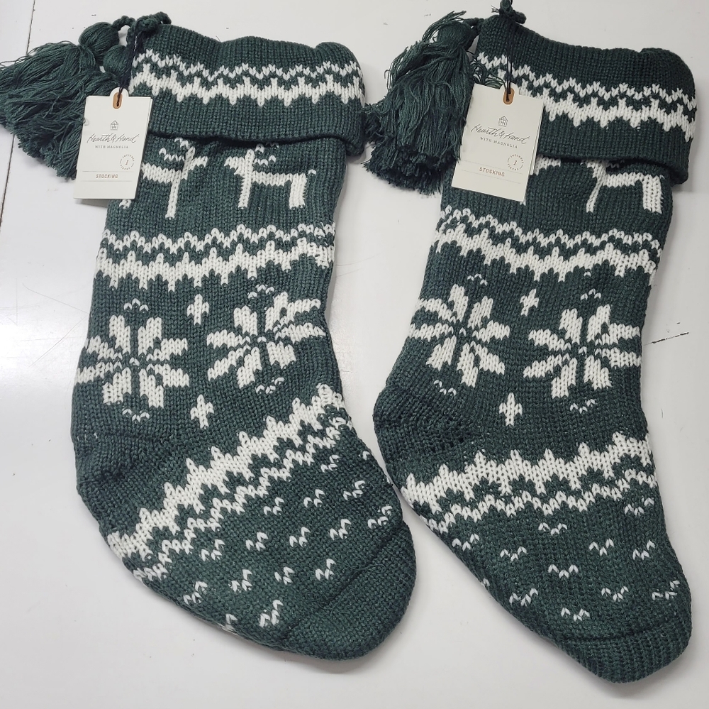 New! Set of 2 Hearth & Hand Green Knit Stocking Snowflake Reindeer W/ Tassels